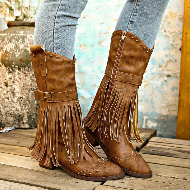 

Brand Winter Vintage Western Boots with Fringes Retro Comfy Walking Plus Size 43 Zip-up Mid-calf Tassel Cowboy Boots Women Shoes