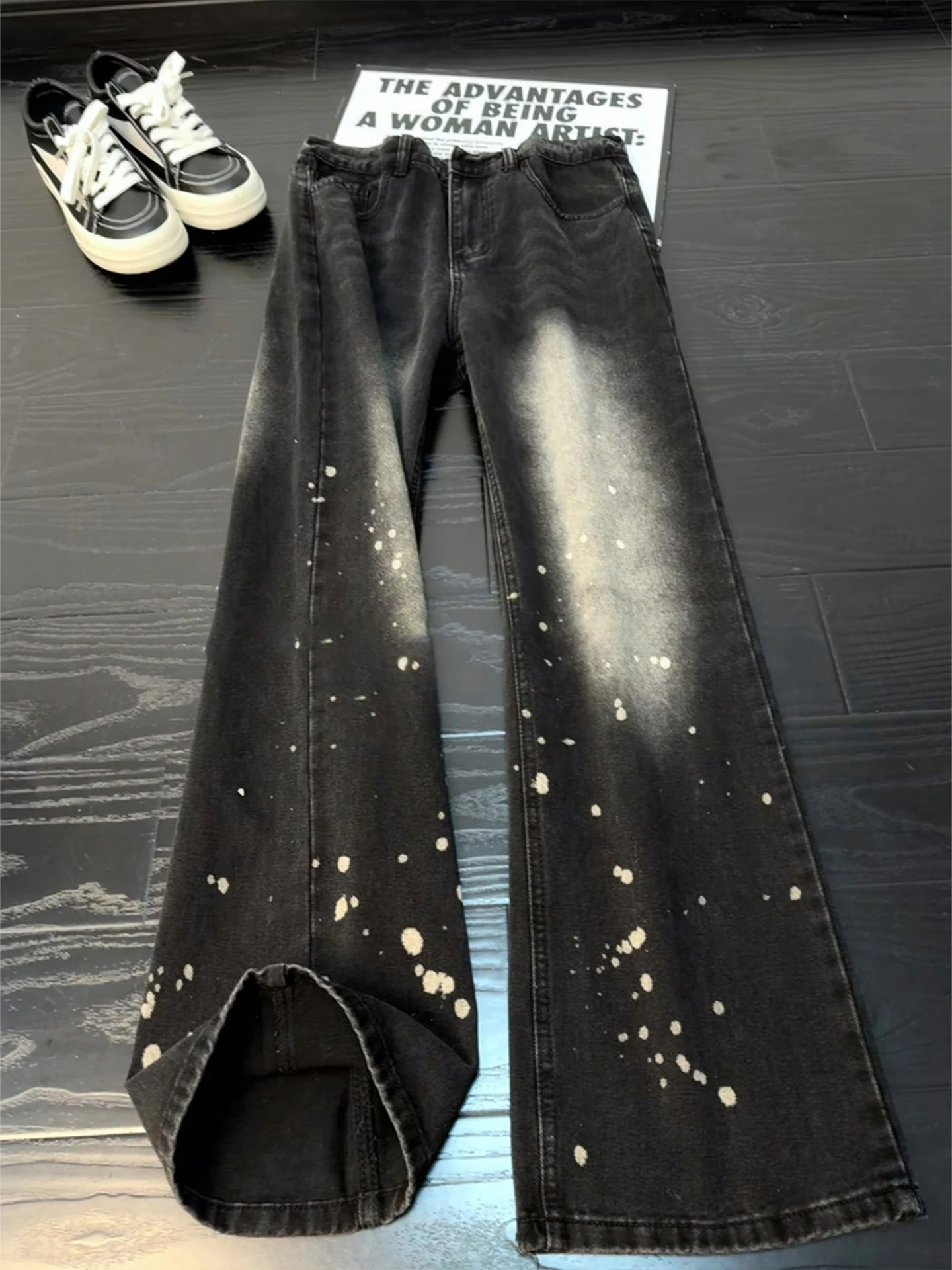 

Black Straight Leg Men's Jeans Cleanfit High Street Spray Ink Paint Point Distressed Cotton Polyester Blend Denim