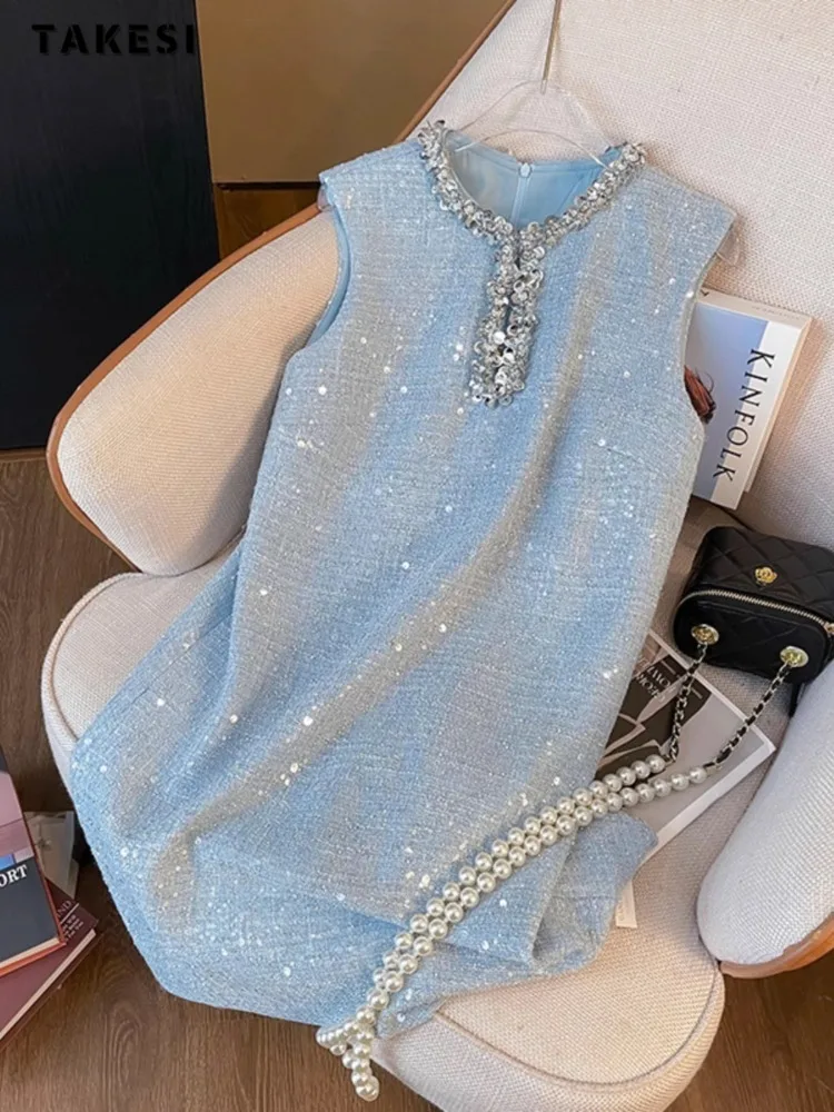 Fairy Style Women Elegant Sleeveless V-neck Sequins Blue Dresses 2024 Summer Lady Luxury Sweet Slim Fit Blue Camisole Dress