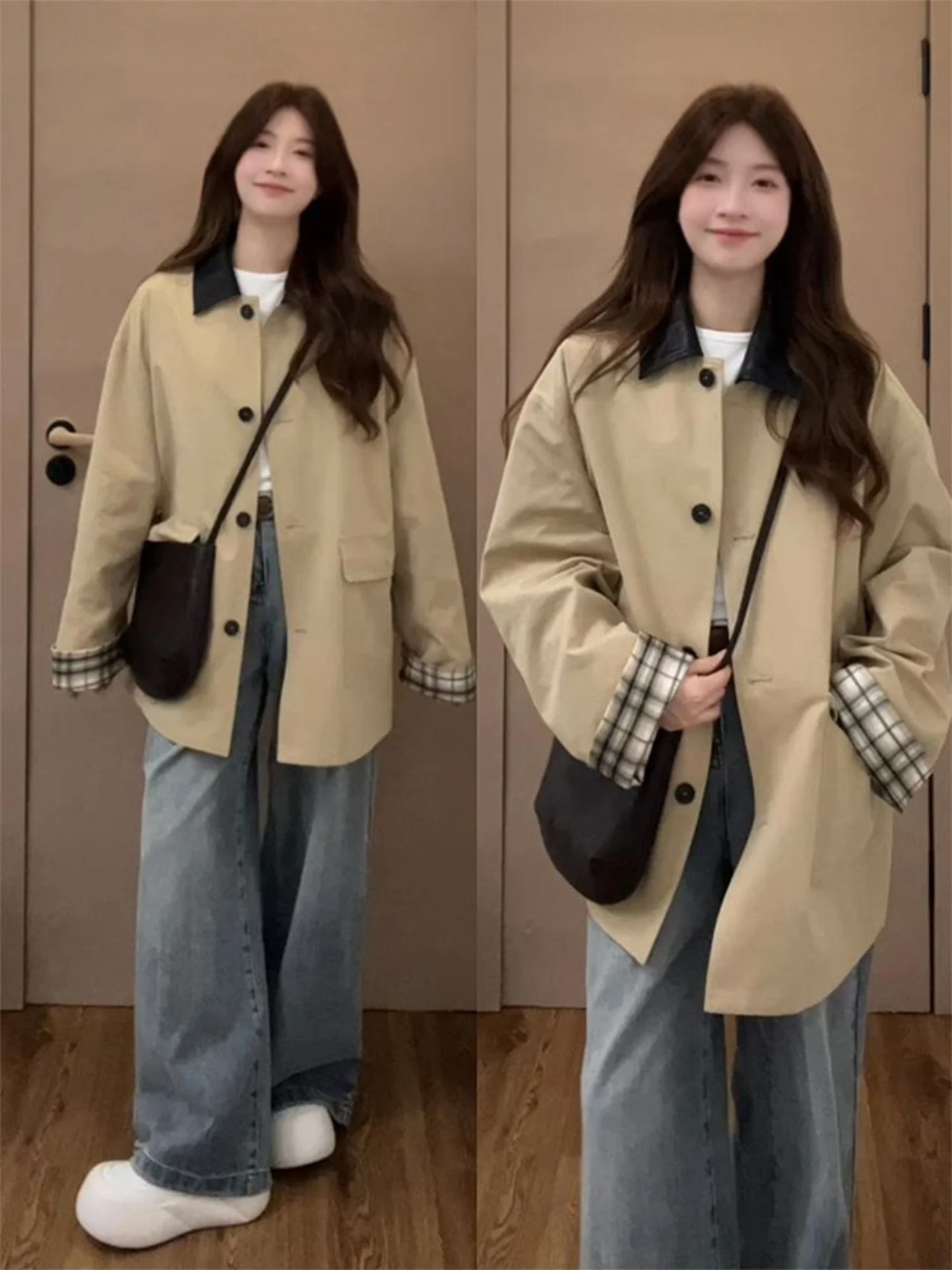 Khaki Color Barn Windbreaker Coat Women's 2026 Autumn New Korean Style Color Block Plaid Splicing Medium Length Coat