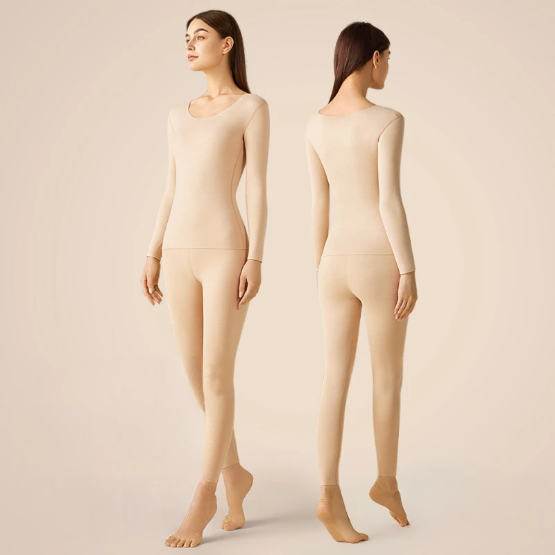 Women Thermal Underwear Set Long Johns Autumn and Winter Seamless Ground Wool Round Neck Slim Women's Bottoming Warm Clothes