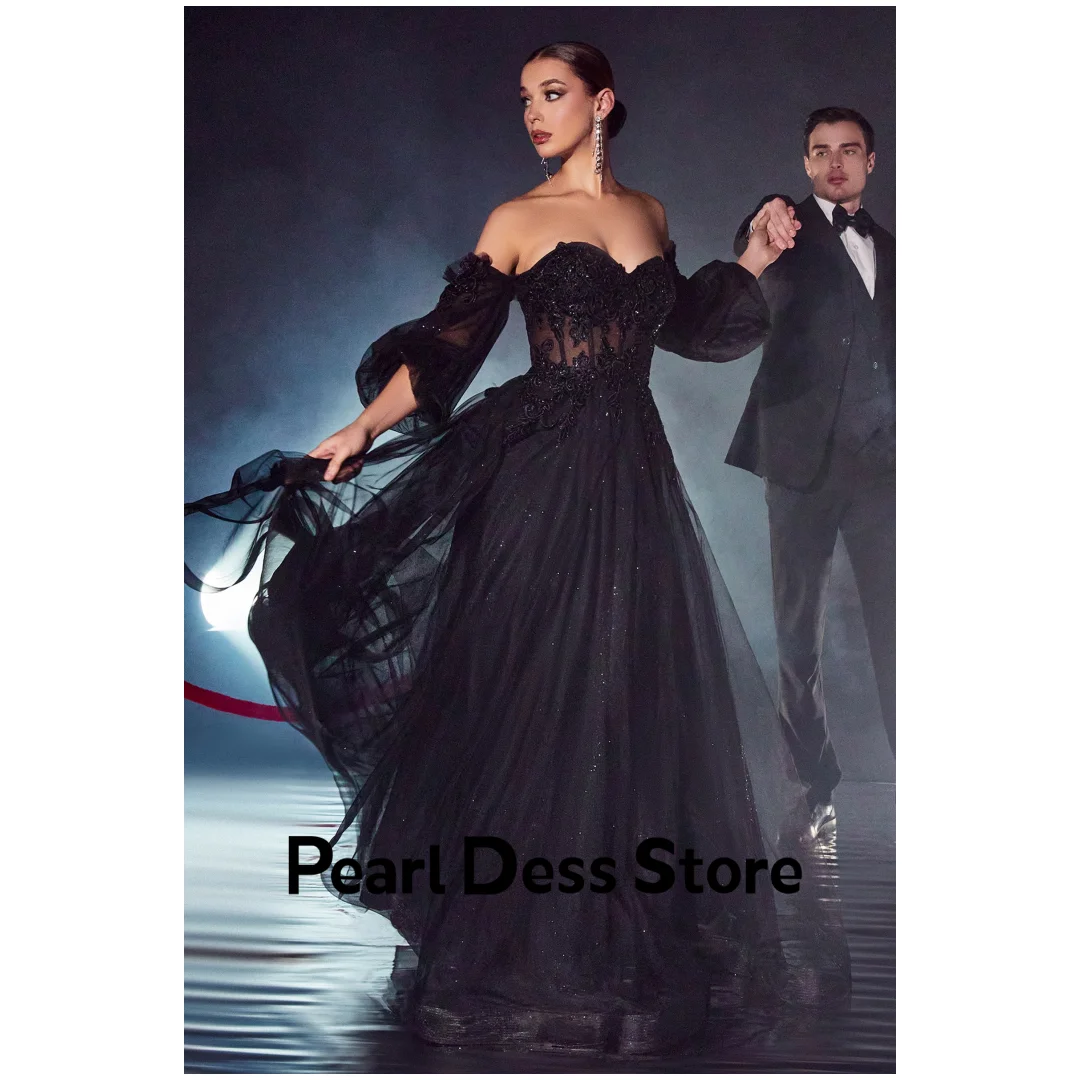 Pearl Half Sleeves Formal Dress Women Elegant Party Dresses Evening Woman Off the Shoulders Black Embroidered Lace A Line Tulle