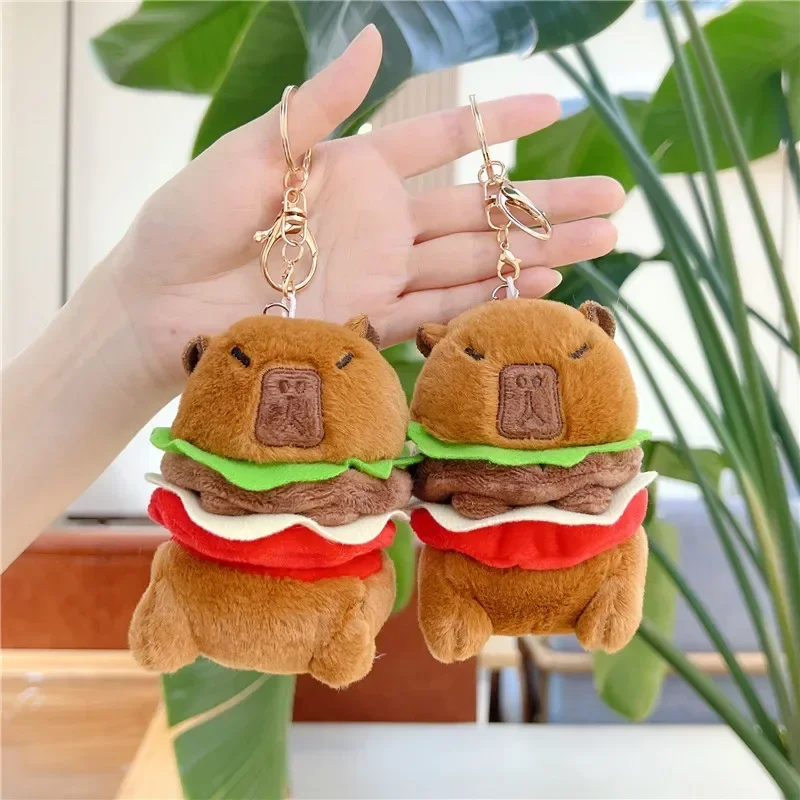 かわいいカピバラハンバーガーキーホルダーぬいぐるみ動物バックパックチャーム、女性用バッグ、財布、車の鍵、ノベルティアクセサリーギフト