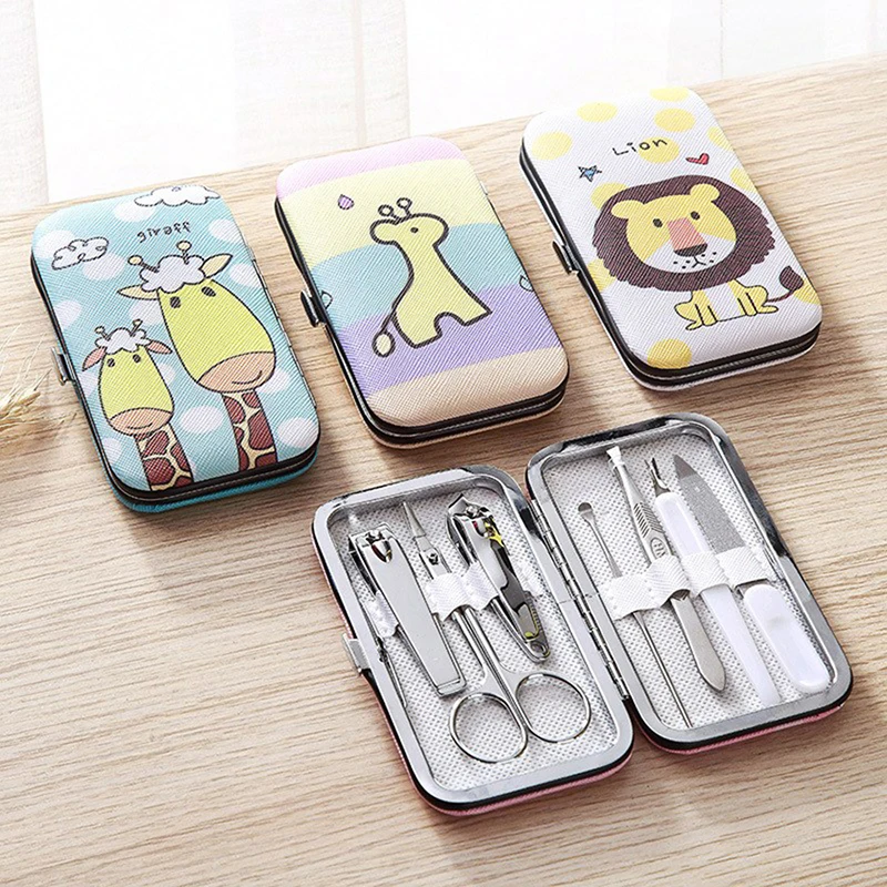 7Pcs/set Cartoon Nail Art Kit Stainless Steel Nail Clippers Trimmers, Nail Files, Cuticle Pushers, Ear Spoon Pedicure Tools