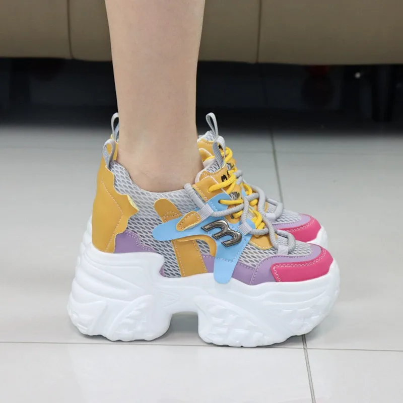 New Platform Dad Shoes Women 12cm Hidden Heel 10cm Height Increasing Lightweight Slimming Chunky Sneakers Petite