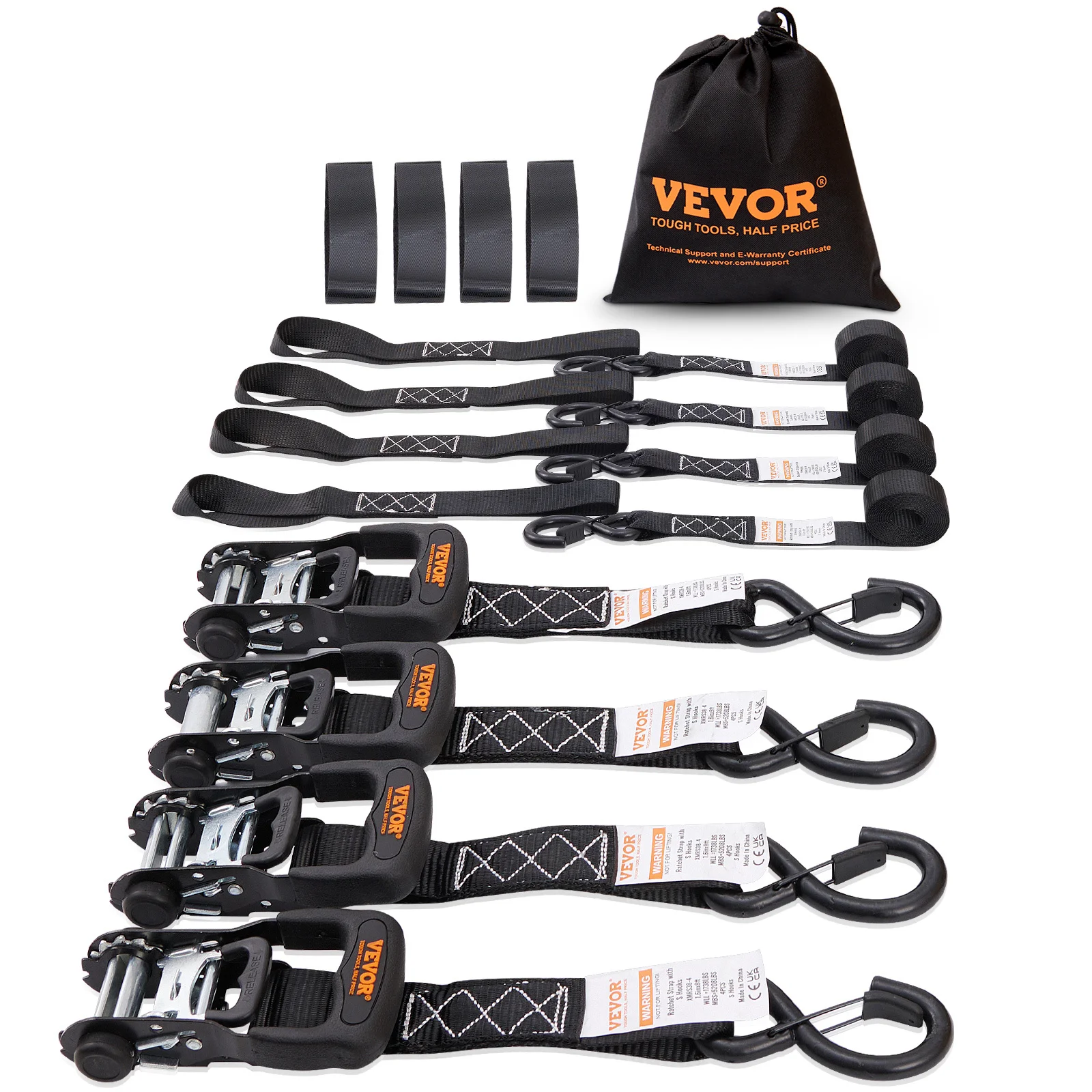 

VEVOR Ratchet Tie Down Straps (4PK), 5208 lb Max Break Strength, Includes 4 Premium 1.6" x 8' Rachet Tie Downs with Padded Handles, for Moving Securing Cargo, Appliances, Lawn Equipment, Motorcycle