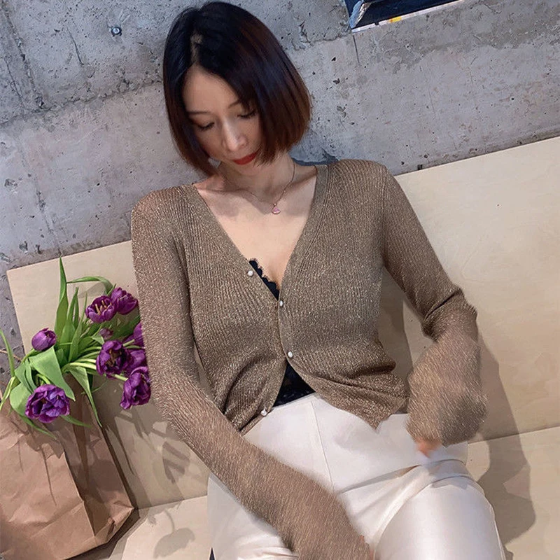 Sexy cropped cardigan women autumn clothes korean long sleeve tops V neck Thin knit sweaters for 2024 new clothes knitted vests