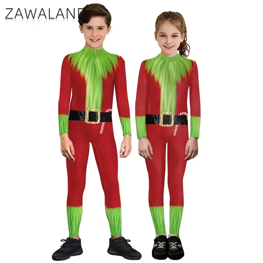 

Zawaland Christmas Green Hair Monster Costume Boy Girl Santa Claus Disguise Wear Cosplay Jumpsuit Funny Party Bodysuit Clothes