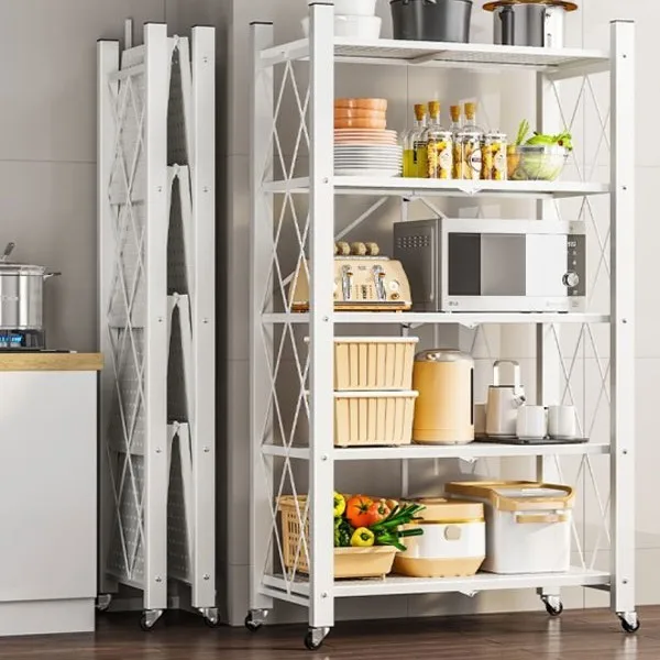 Multi-Layer Foldable Storage Shelf No Assembly Rolling Shelving Unit with Wheels 3/4/5 Tier Metal Organizer Rack Organizer