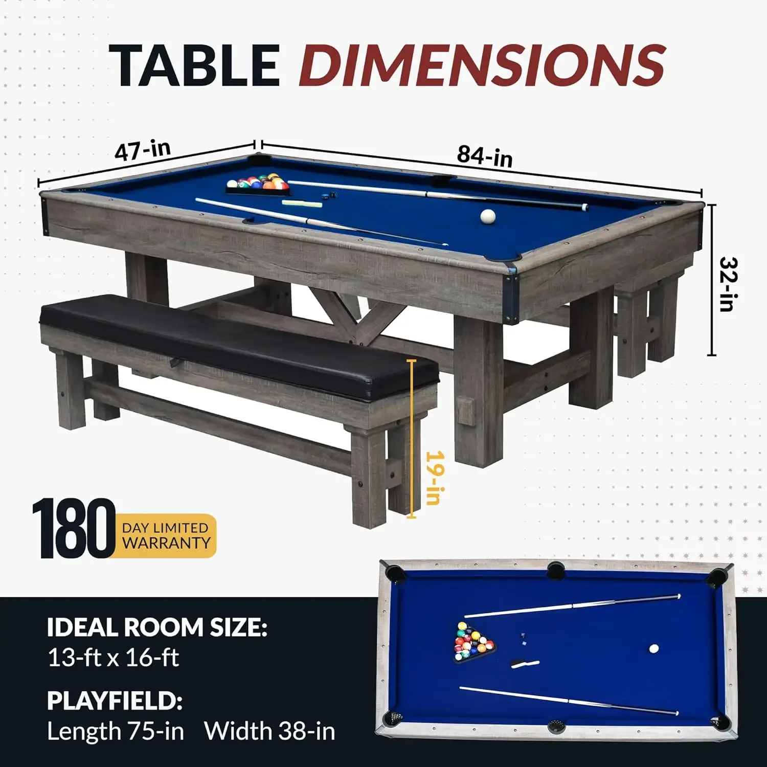 2025 NEW Logan 7-ft Pool Table Combo Set with Benches - Rustic Gray with Blue Felt, Barnwood