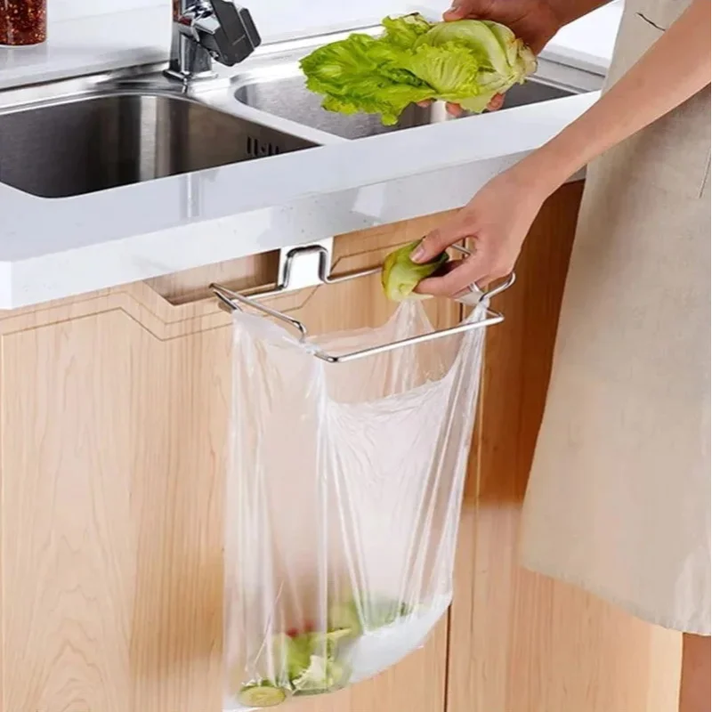 Creative Stainless Steel Garbage Bag Support Rack Hidden Type Cabinet Door Garbage Storage Rack Kitchen Hanging Organizer