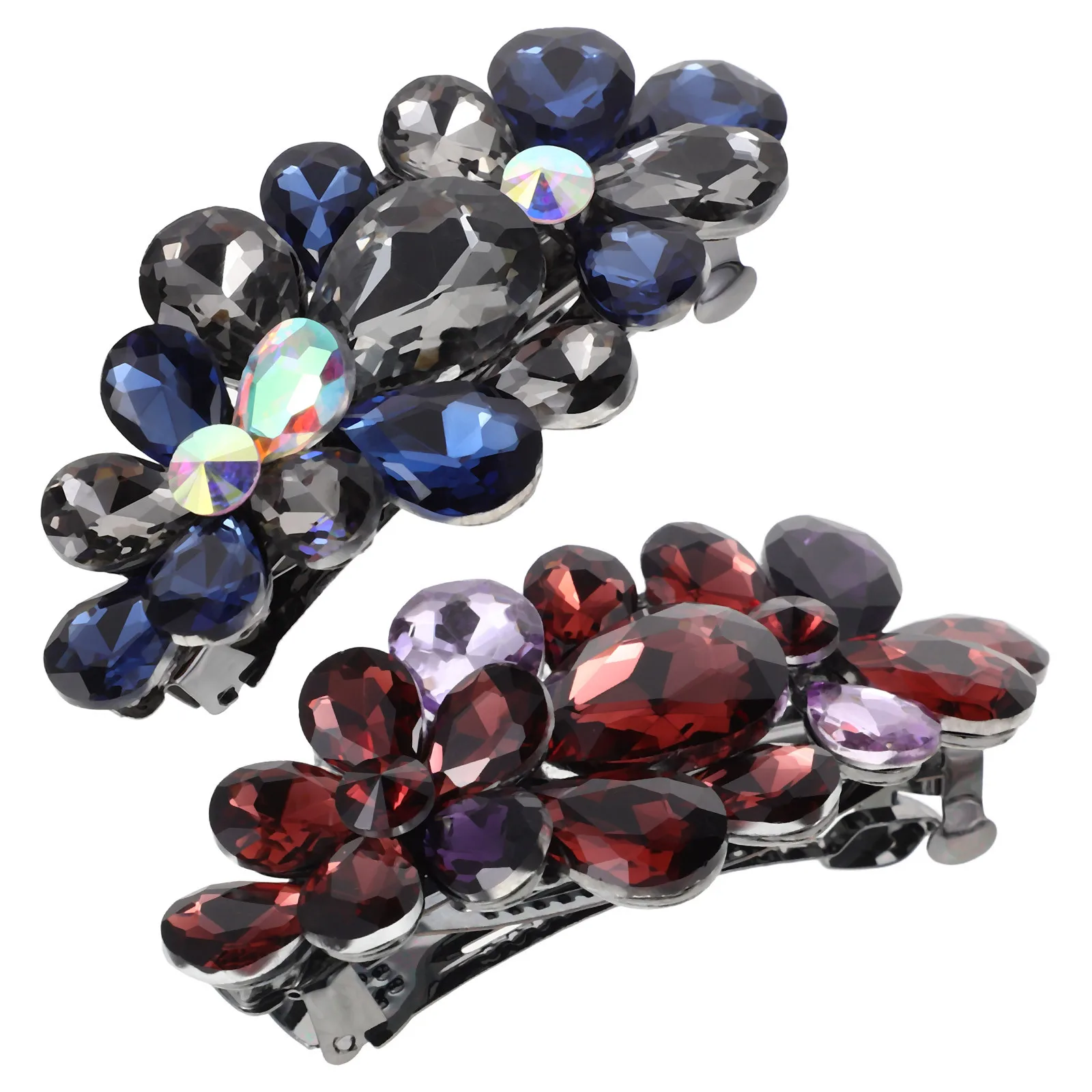 

2Pcs Rhinestone Hair Barrettes French Style Sparkly Ponytail Spring Clips Metal Bun Updo Wedding Party Hair Accessories