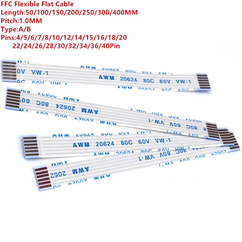 10PCS Flat Flexible Cable FFC FPC AWM 20624 80C 60V VW-1 1.0MM Pitch 4P to 40P Various Pin Options Available