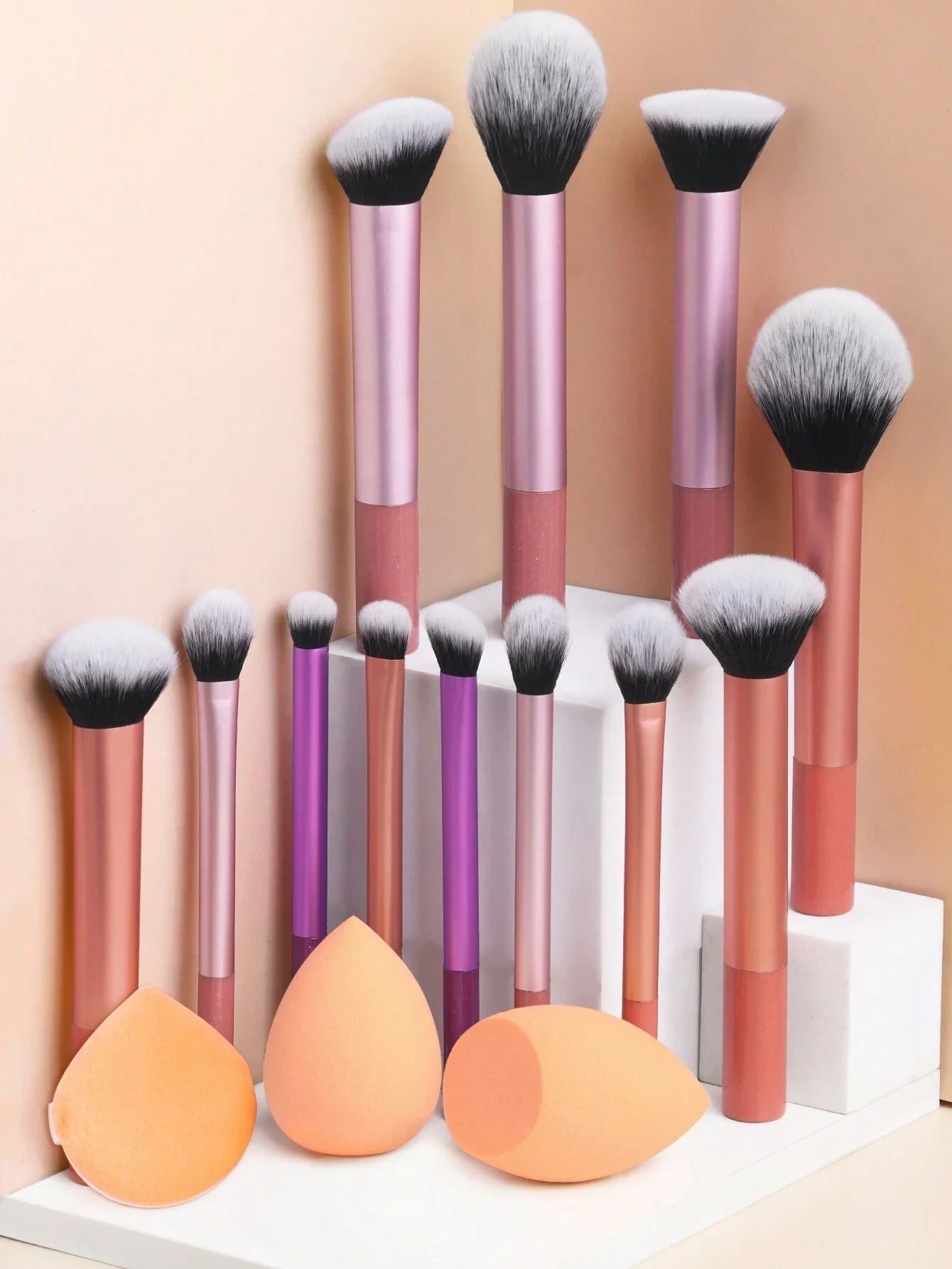 12pcs Multi-Functional Super Soft Makeup Brush Set + Slant & Drop-Shaped Beauty Sponge + 1pc Round/Drop-Shaped Powder Puff For Q