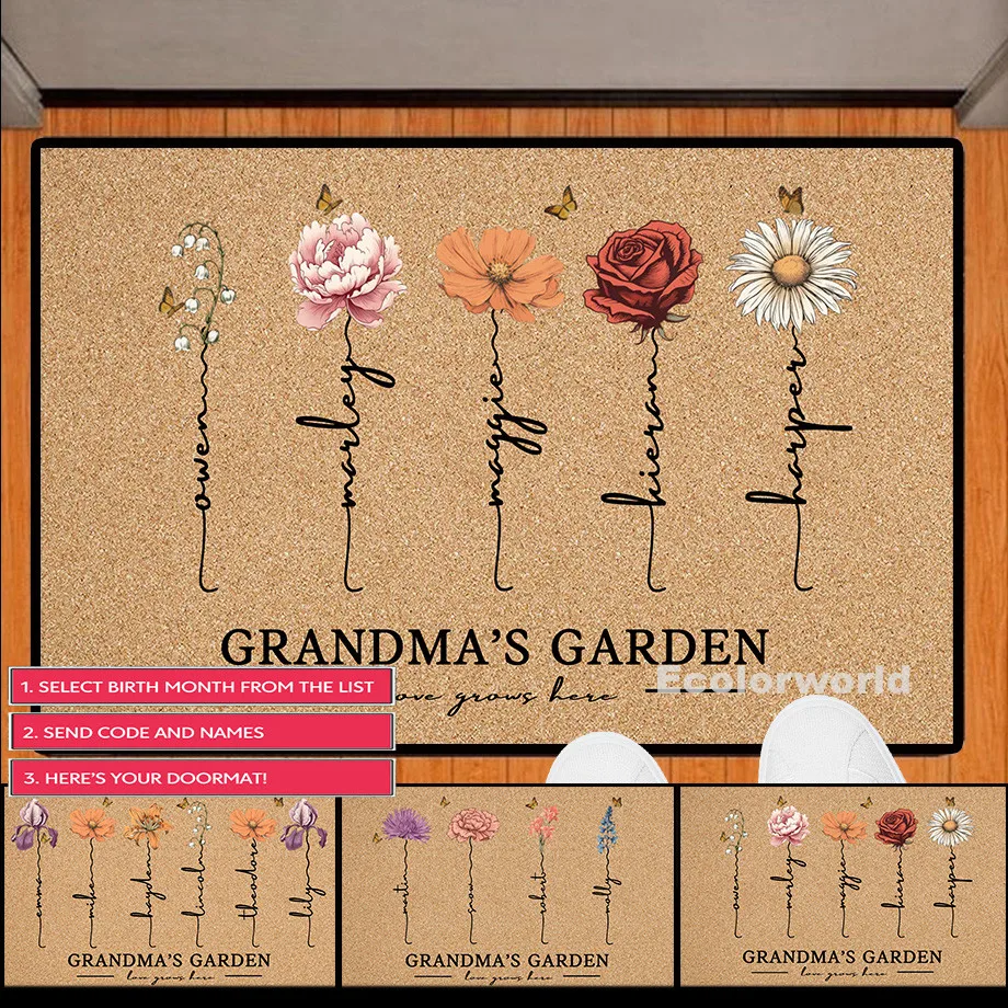 

Personalized Grandma's Garden Birth Flowers Doormat Custom Mat Birthday Mother's Day Gift For Mom Grandma Parents Family Home
