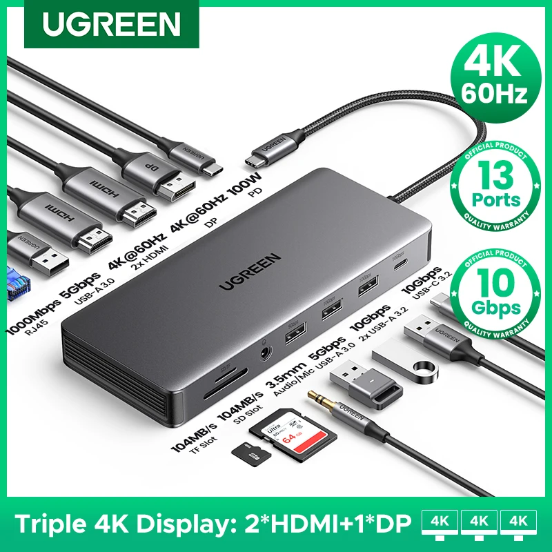 

UGREEN USB C HUB Docking Station 13-in-1 4K Triple Display Dual HDMI DP 10Gbps USB3.2 PD 100W SD/TF for MacBook Pro Air Dell XPS