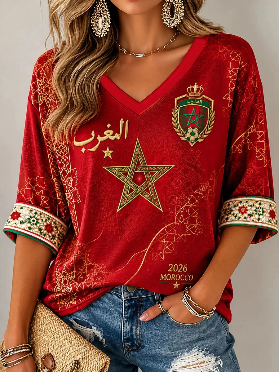 Women’s Morocco Football Printed Casual T-Shirt Football Cultural T-Shirt