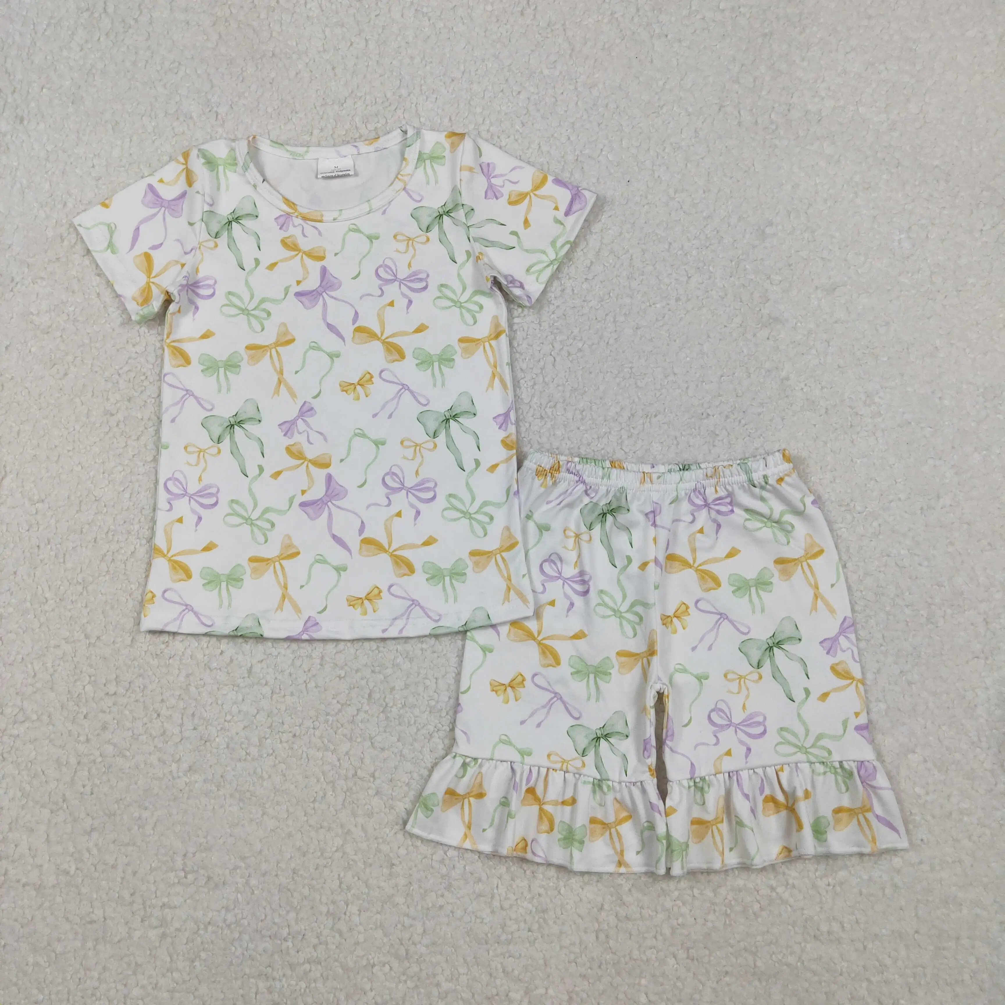 

Baby Girls Mardi Gras Bows Plaid Top Ruffle Shorts Pajamas Set Purple Yellow Green Bow-Tied Outfit for Infants