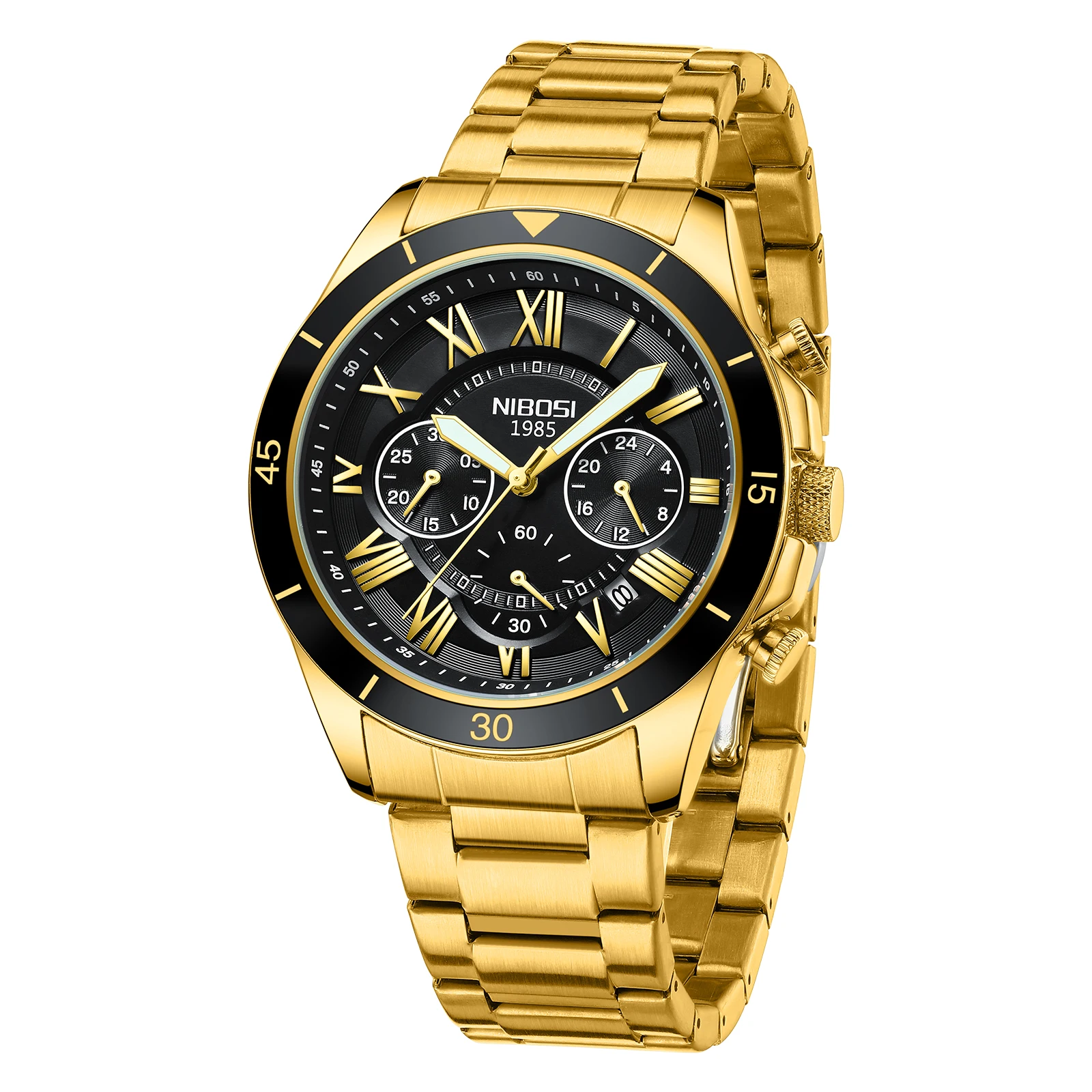 

NIBOSI Роскошные золотые часы для мужчин, спортивные мужские часы из нержавеющей стали, водостойкий светящийся хронограф, мужские часы Relogio Masculino