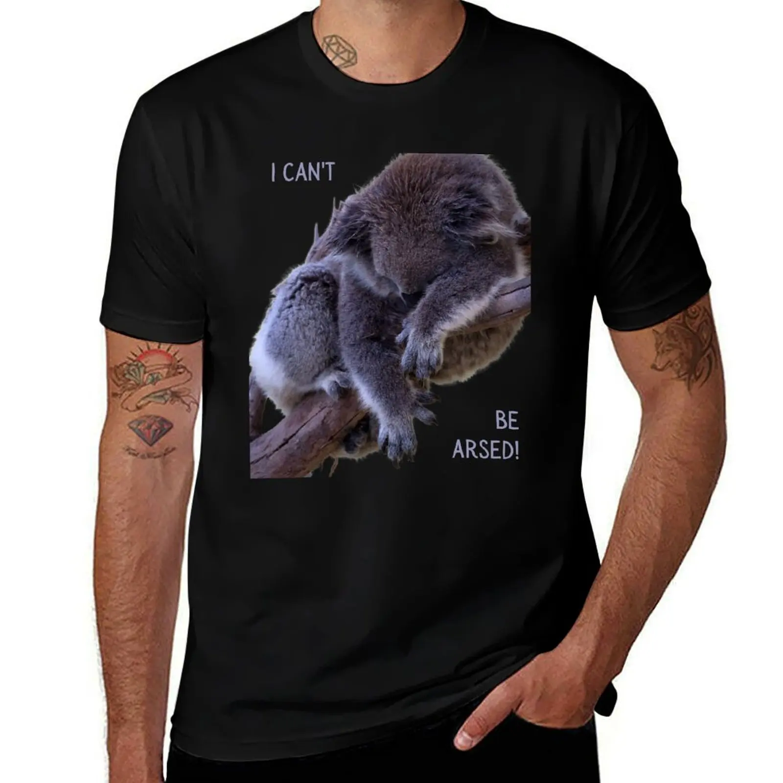 

I can't be arsed! Photo of a koala sleeping in a tree and grey text. T-Shirt Louboutins customs mens designer clothes