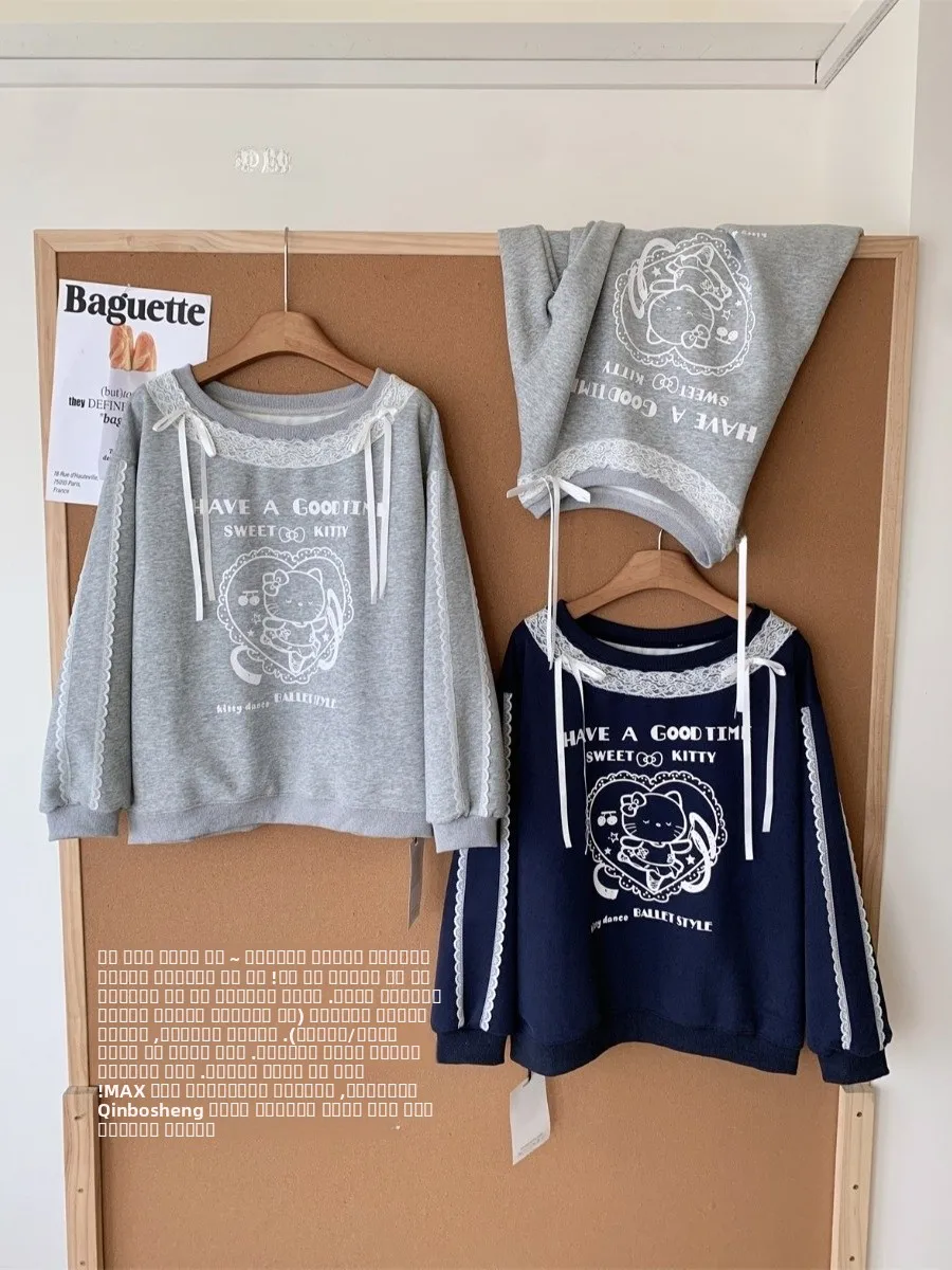 

Свободная худи с кружевными вставками на плечах для женщин, осенне-зимний повседневный топ с узлами и мультяшным принтом, удобный свитшот из смесового хлопка