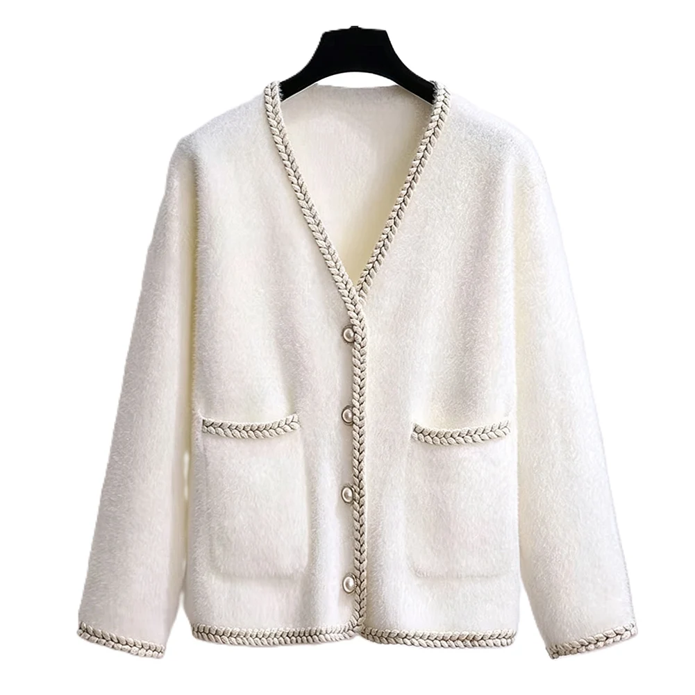 For V Neck Loose Knit Sweater Coat for Women Featuring Color Block Pattern Ideal for Leisure and Casual Settings