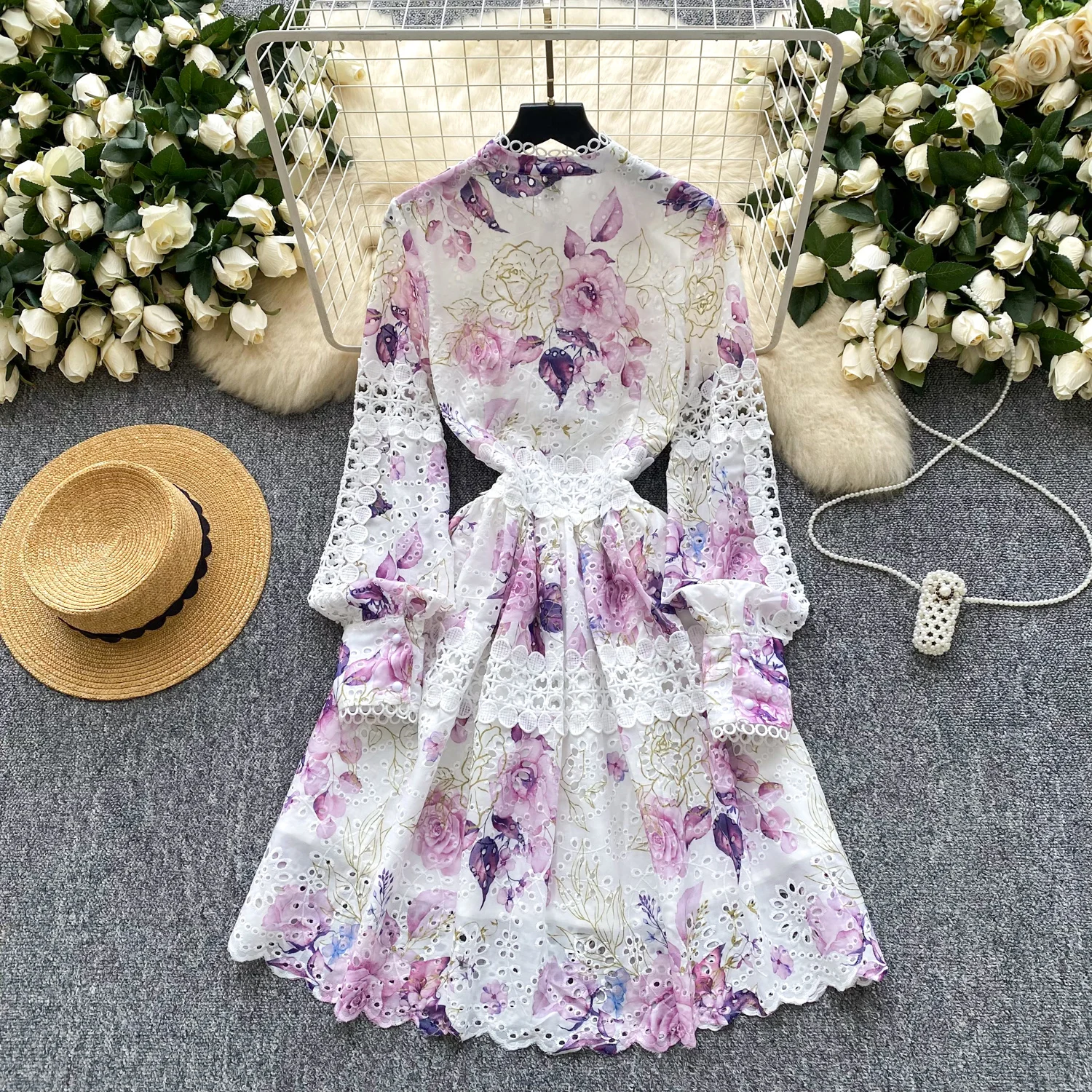 Chic vintage ricamato scava fuori pizzo sottile elegante fata moda coreana Boho vestito estivo abbigliamento donna