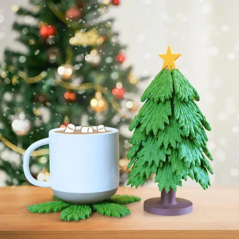 Creative Wood Christmas Tree Trivets Natural Foldable Kitchen Wooden Trivet Tree-shaped Hot Pot Table Protectors for Home