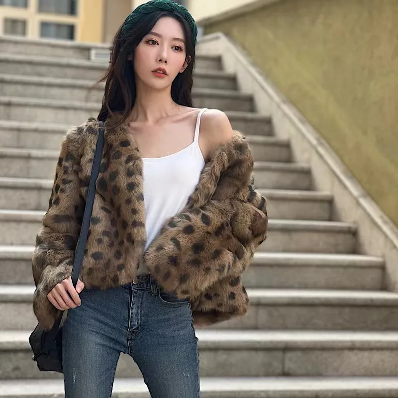 2022Winter Women Real Rabbit Fur Coats  Fashion Short Leopard Overcoat Simple Warm Ladies  Luxurious Street New