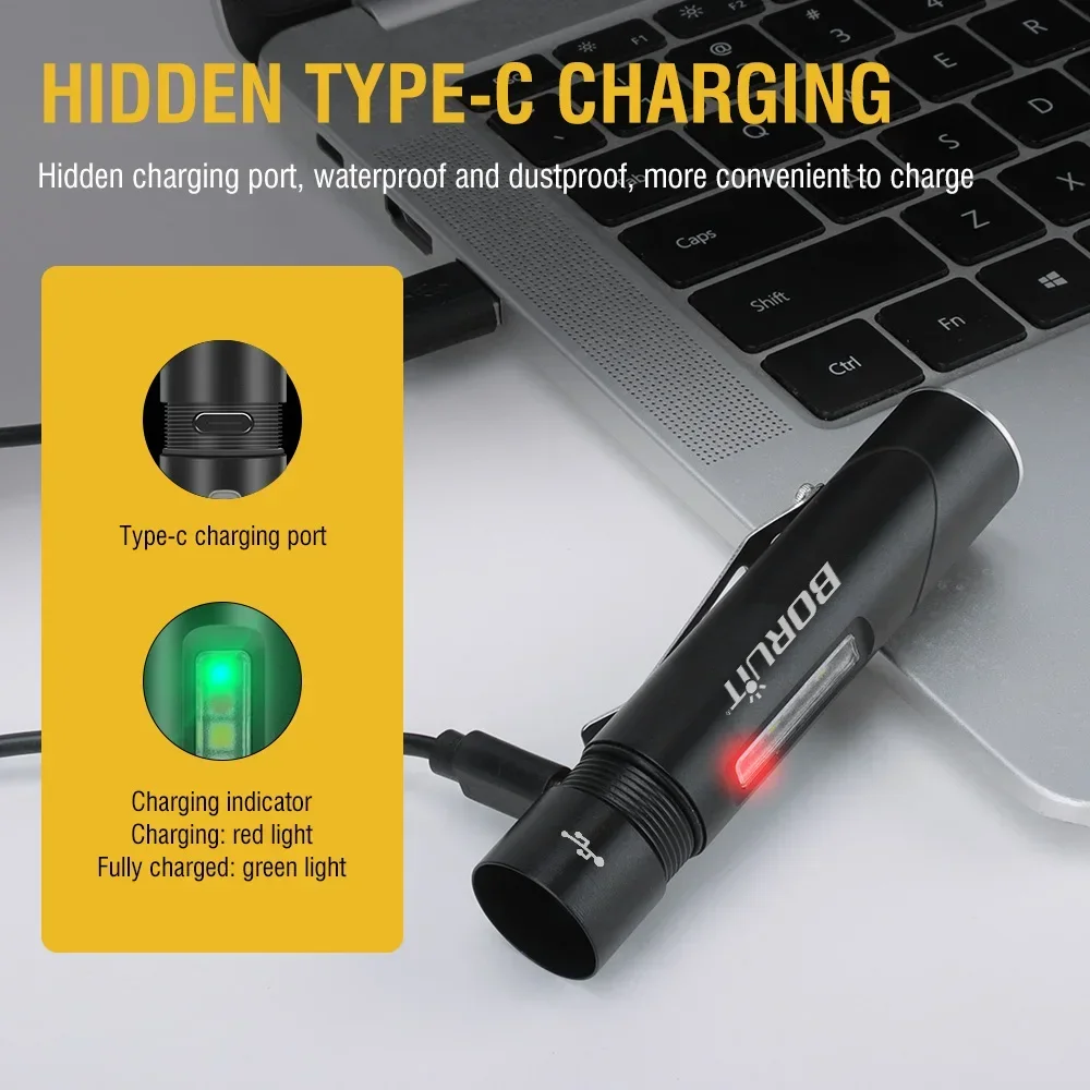 BORUiT V5S 500LM UV مصباح ليد جيب رأس دوار نوع-C الشعلة القابلة لإعادة الشحن ضوء العمل مع المغناطيس فانوس التخييم مقاوم للماء
