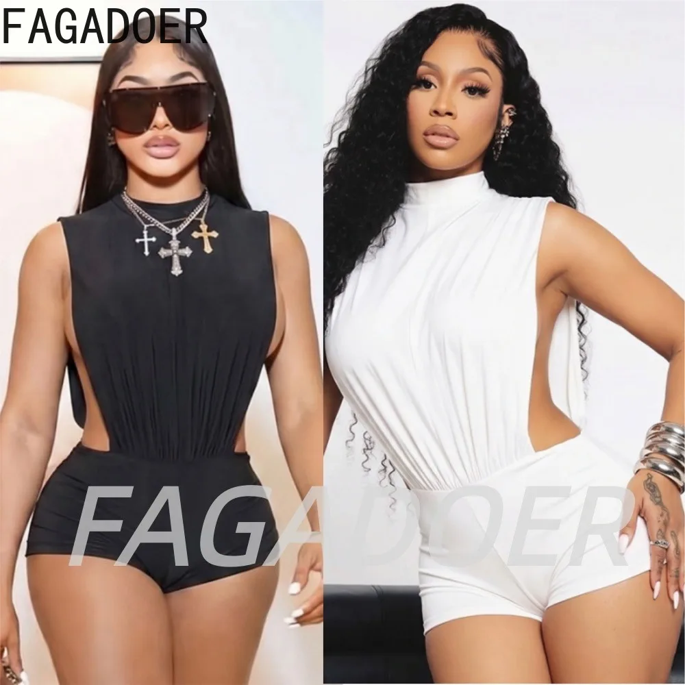 

FAGADOER Sexy Ruched Bodycon Romper Women Solid Color Hollow Out High Neck Skinny Jumpsuits Summer Streetwear Club Playsuits New