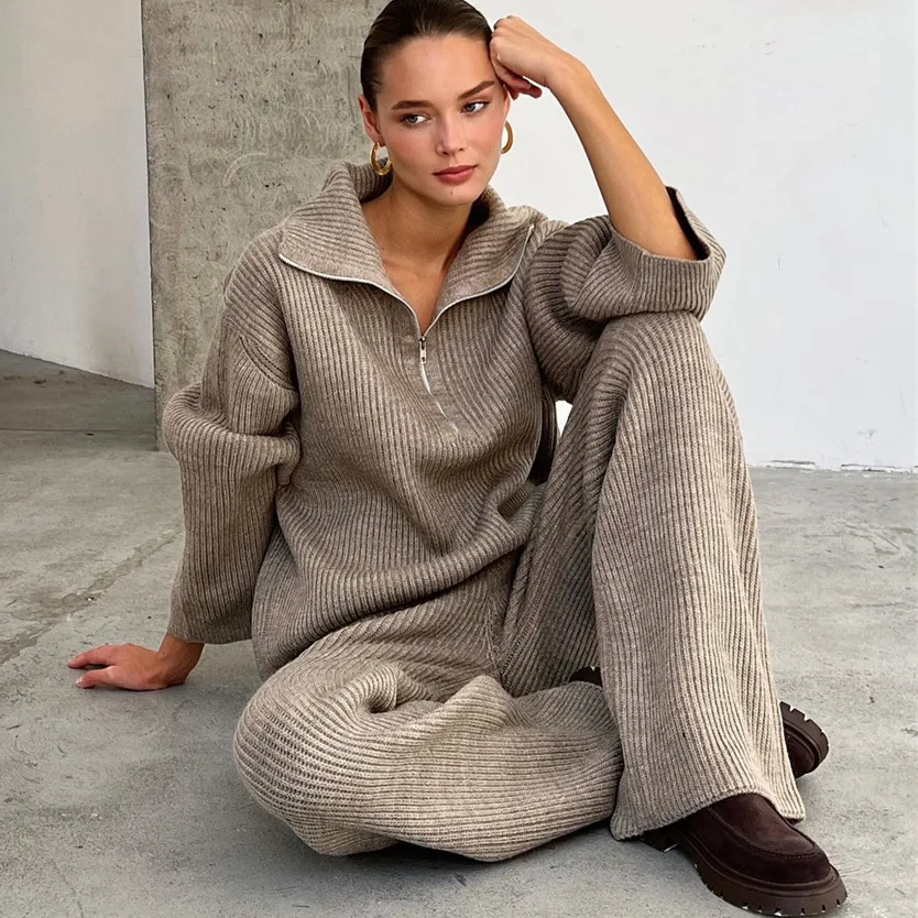 Zipper Up Ribbed Thick Solid Pullover Wide Leg Pant Sweater Suits 2024 Autumn Winter Warm 2 Pieces Set Woman High Street Outfit