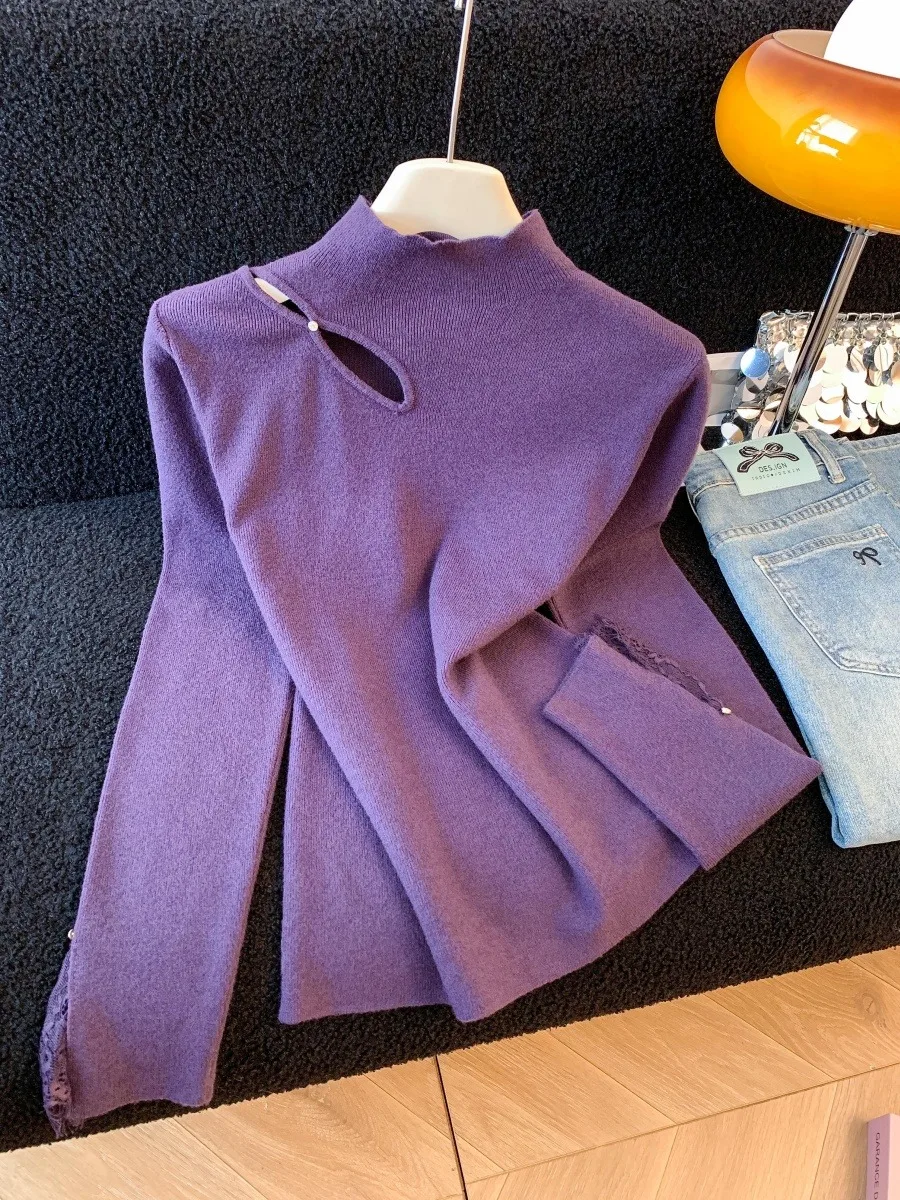 

Фиолетовый вязаный воротник с высоким воротником, женская осенне-зимняя внутренняя одежда, уникальный мягкий корейский костюм