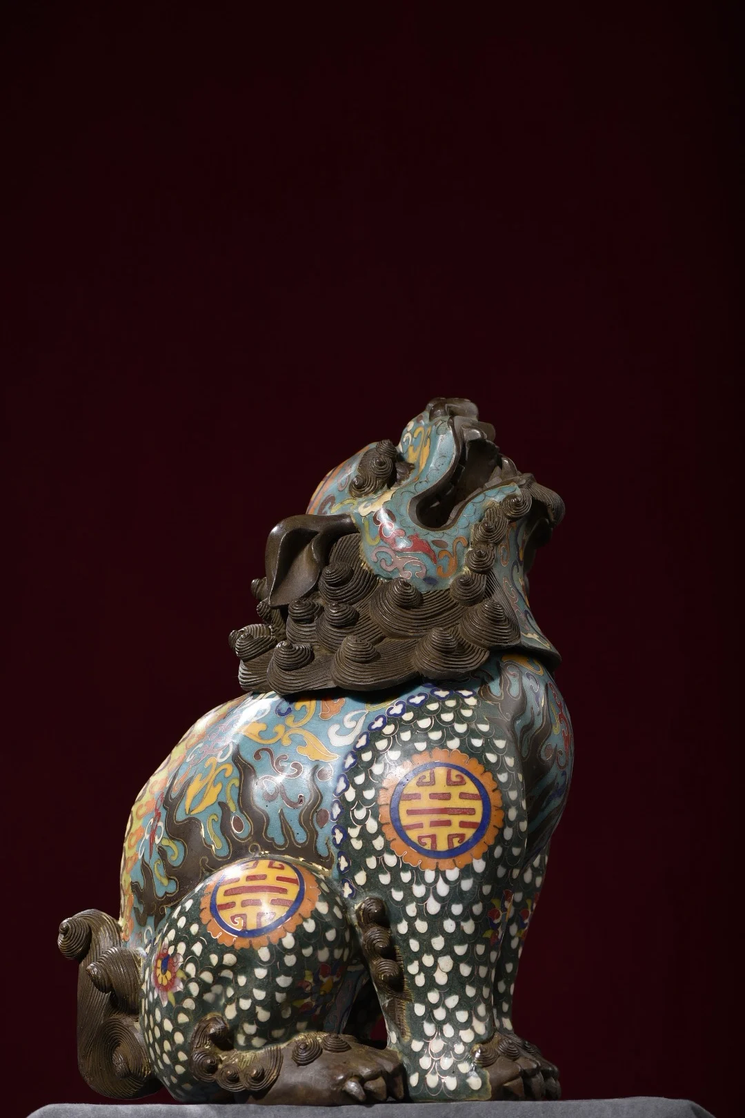 

14"Tibetan Temple Collection Old Bronze Cloisonne Enamel Mythical Animals Watching Sky Roar incense burner Ornaments Exorcism