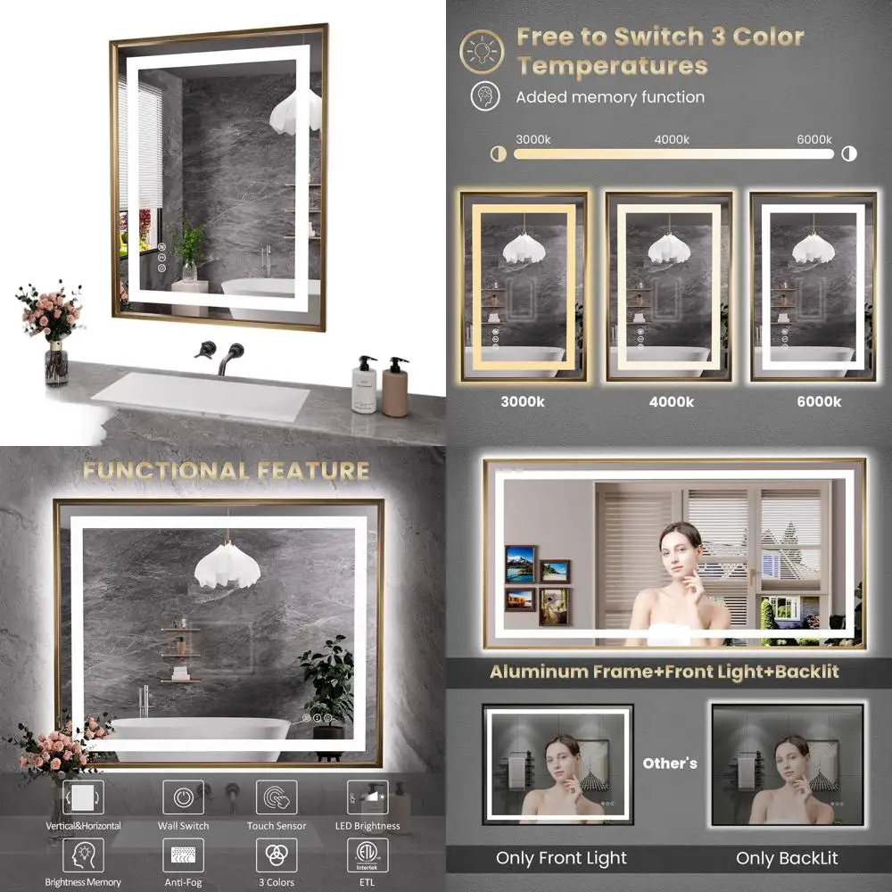 Miroir de salle de bain LED encadré doré avec éclairage avant, rétroéclairé, variable, antibuée, incassable, 3 options de couleurs, 28 x 36