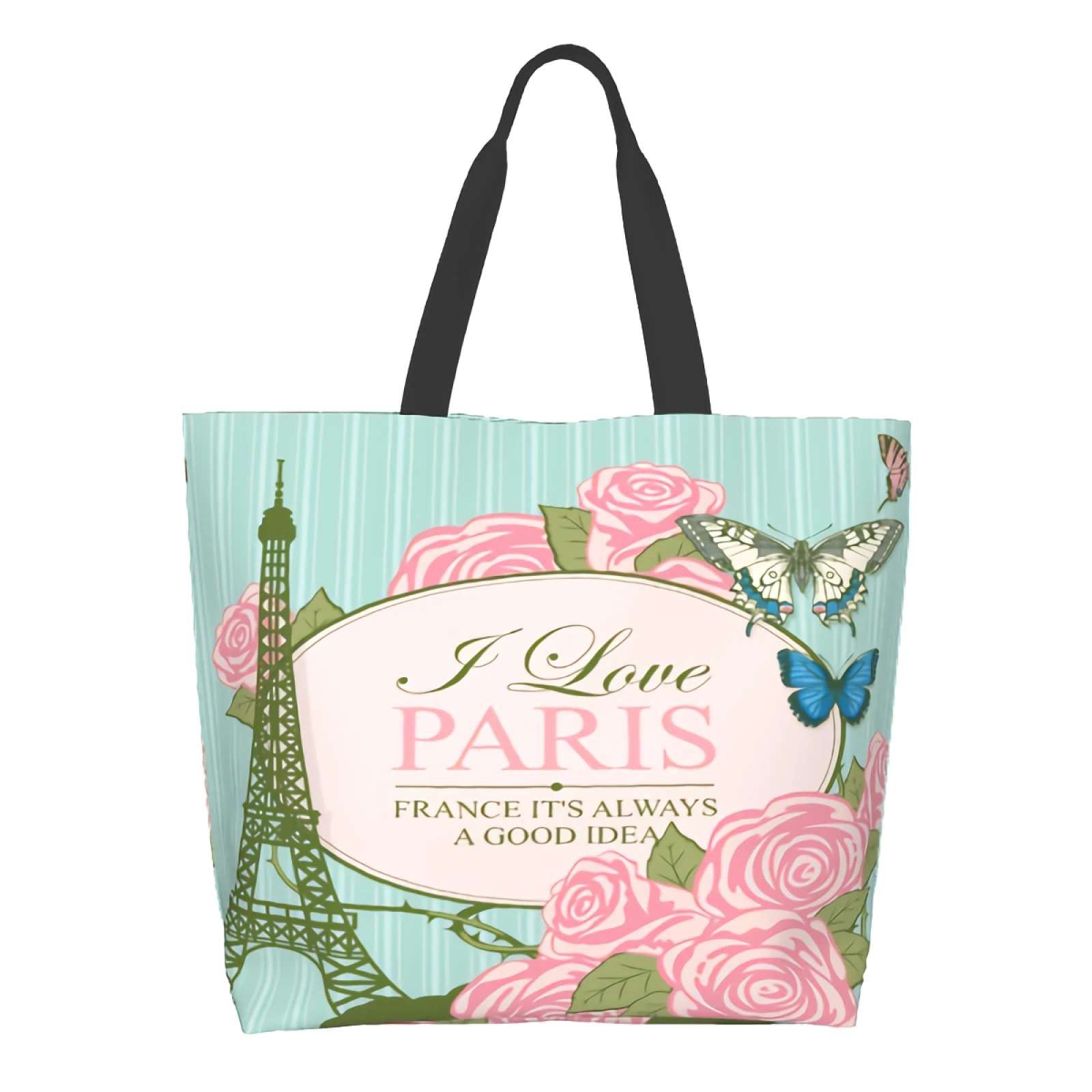 I Love Paris With French Eiffel Tower Extra Large Grocery Bag Butterflies And Pink Roses Reusable Tote Bag Shopping Travel