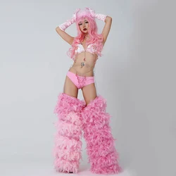 Pink Sexy Bikini Pole Dance Costume Nightclub Dance Outfit Feather Leg Cover Rave Outfit Dancer Singer Performance Clothes 5545