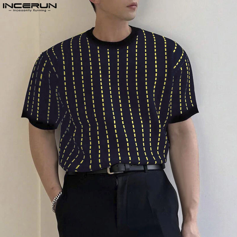 INCERUN Tops 2024 Korean Style Handsome Men's Dotted Printed Knitted T-shirt Casual Streetwear Male Short Sleeved Camiseta S-5XL