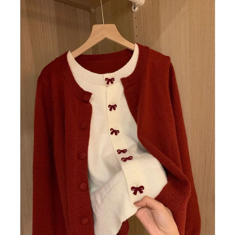 

Женская одежда, красный свитер из двух частей, кардиган, новый осенне-зимний вязаный свитер с бантом, топ