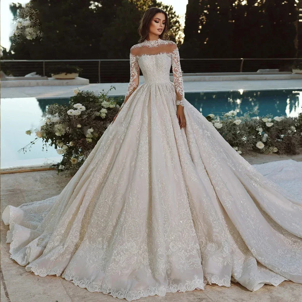 

Customized Elegant Wedding Dresses High Neck Long Sleeve Sequined Ball Gown Chapel Train Beaded Bridal Gown Vestido de novia