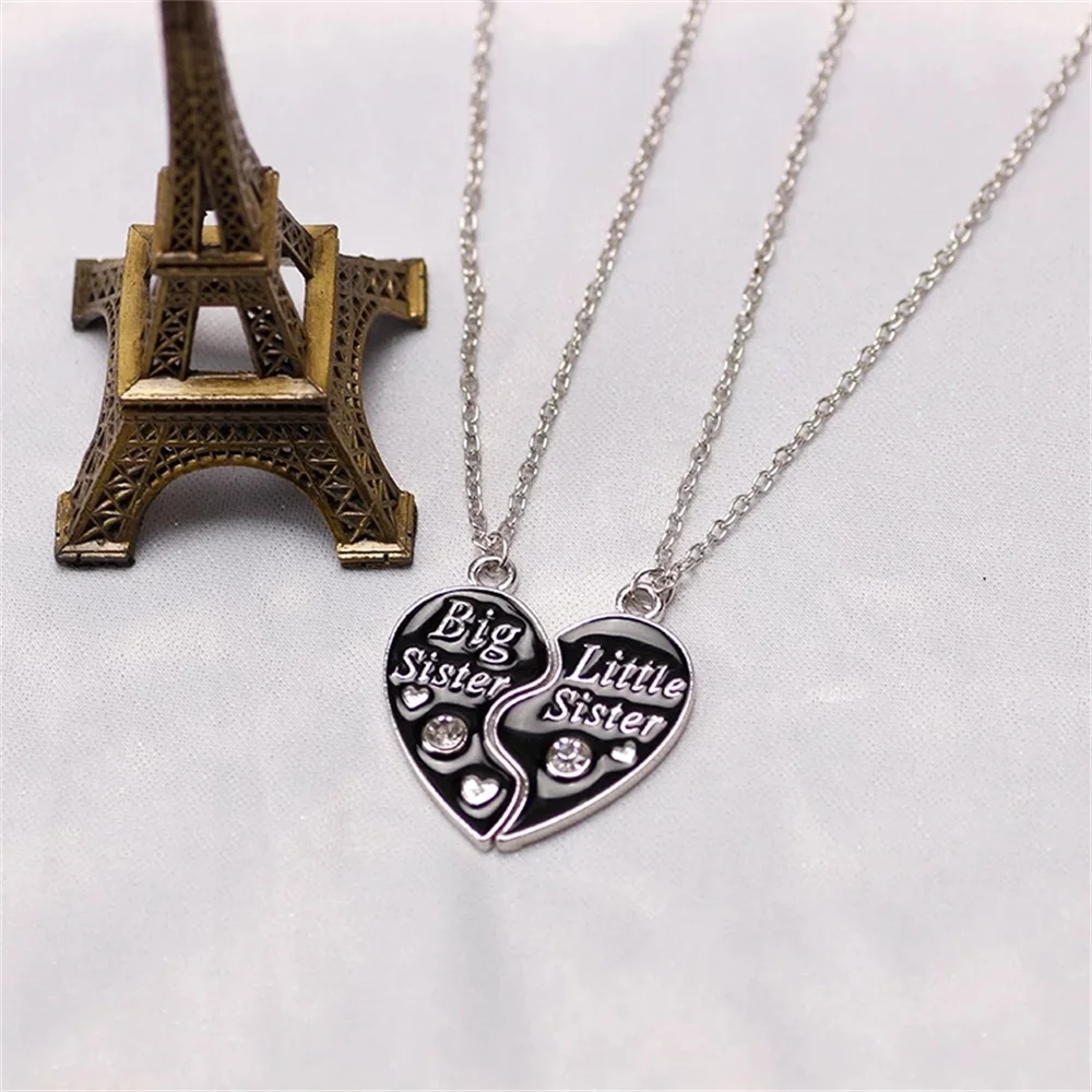 2 Piece Set Sisters Necklace For Women Heart Shape Letter Rhinestone Black Pink Pendant Lady Glamour Alloy Jewelry BFF Gifts