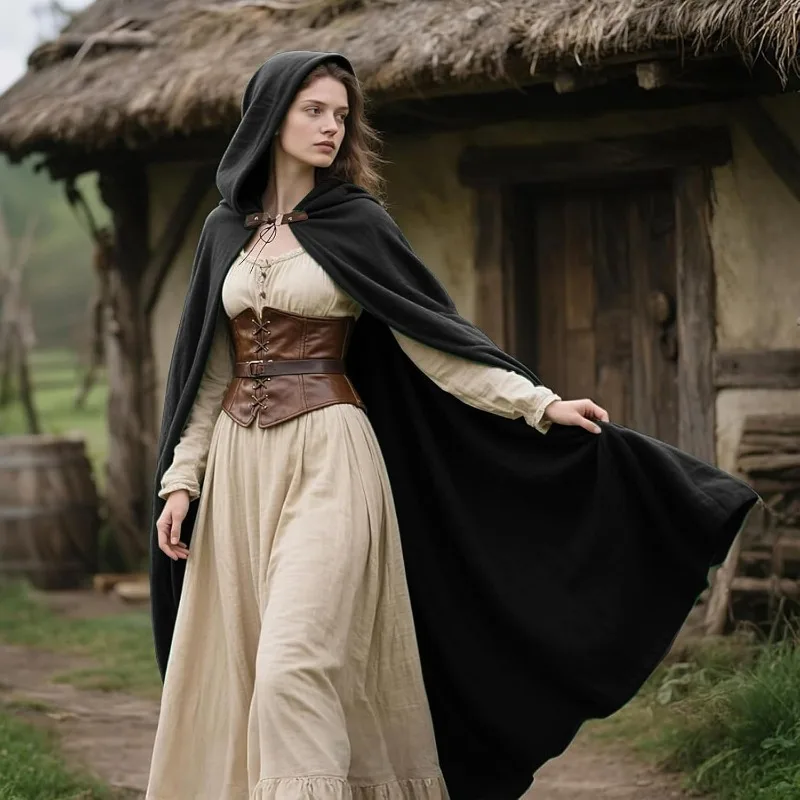 

Средневековый черный плащ с капюшоном, женское длинное пальто для ролевых игр, костюм для Хэллоуина, сценический наряд, стильная этническая одежда для персонажей