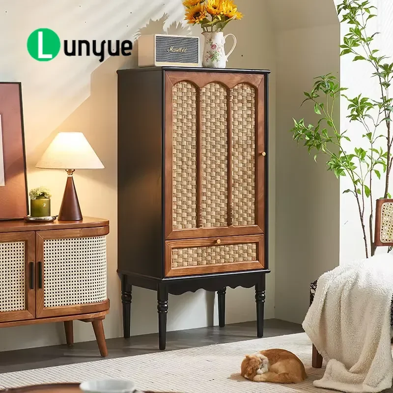 Modern Black Rattan Solid Wood Side Cabinet Single Door Storage Locker for Living Room Porch Dining Area Furniture