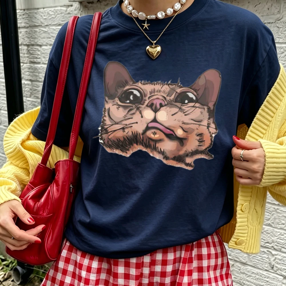 Realistic Cute Cat Face Watercolor Print T Shirt Women Sketch Kitten Head Graphic Tee Casual Loose Cotton Cat Lover Wear Blouse