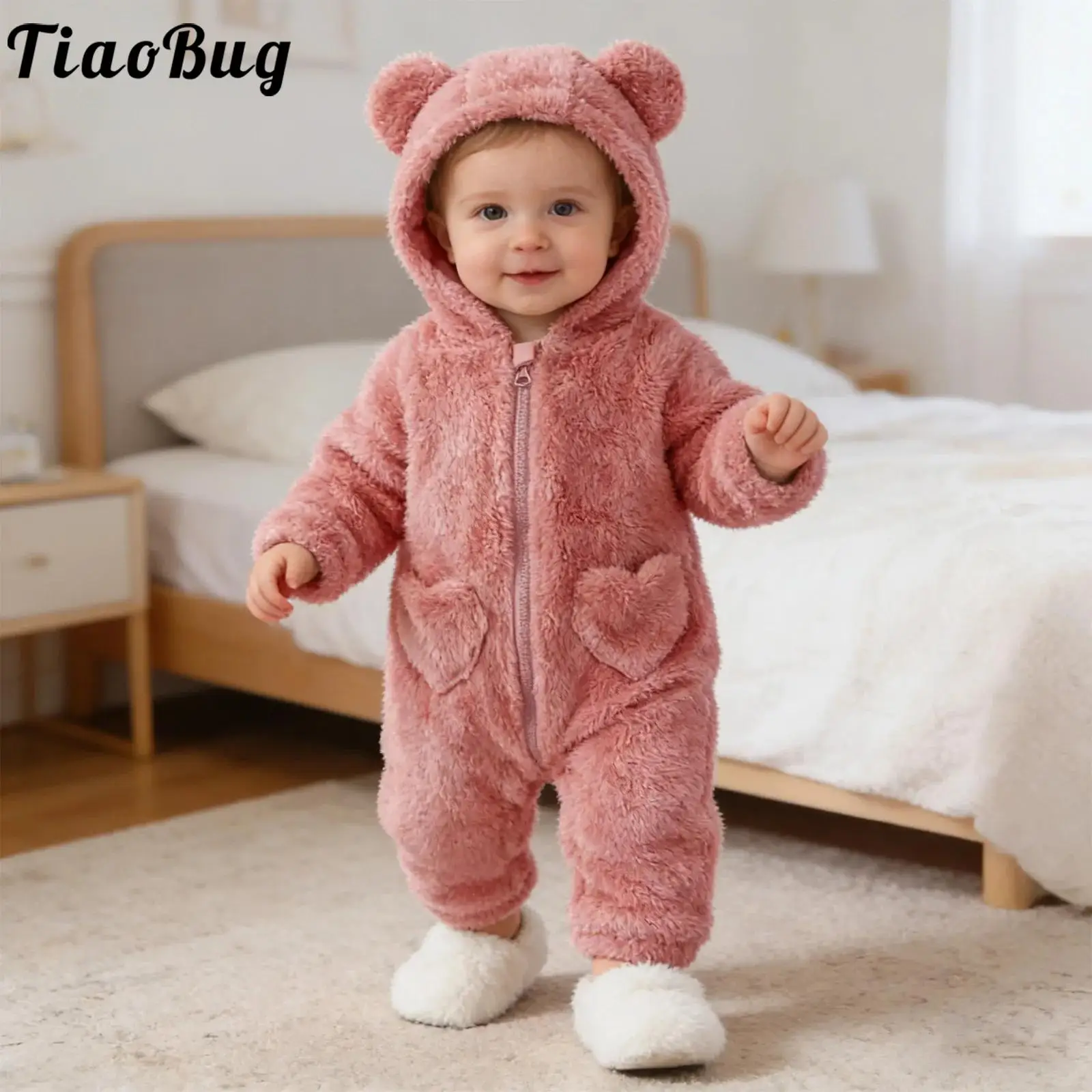 

Baby Boy Girls Clothes Coral Fleece Bear Hooded Romper Winter Warm Long Sleeve Zipper Jumpsuit Pockets Snowsuit Newborn Homewear