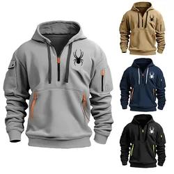 2024 new men's casual hoodie Autumn winter plus fleece multi-pocket zipper hoodie Spiderman print loose plus size coat