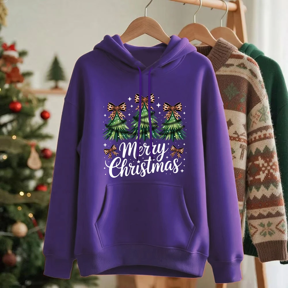 Merry Christmas Bow Trees Printed Hoodies Women Comfortable Loose Sweatshirt Fleece Warm Soft Pullover Casual Pocket Clothes