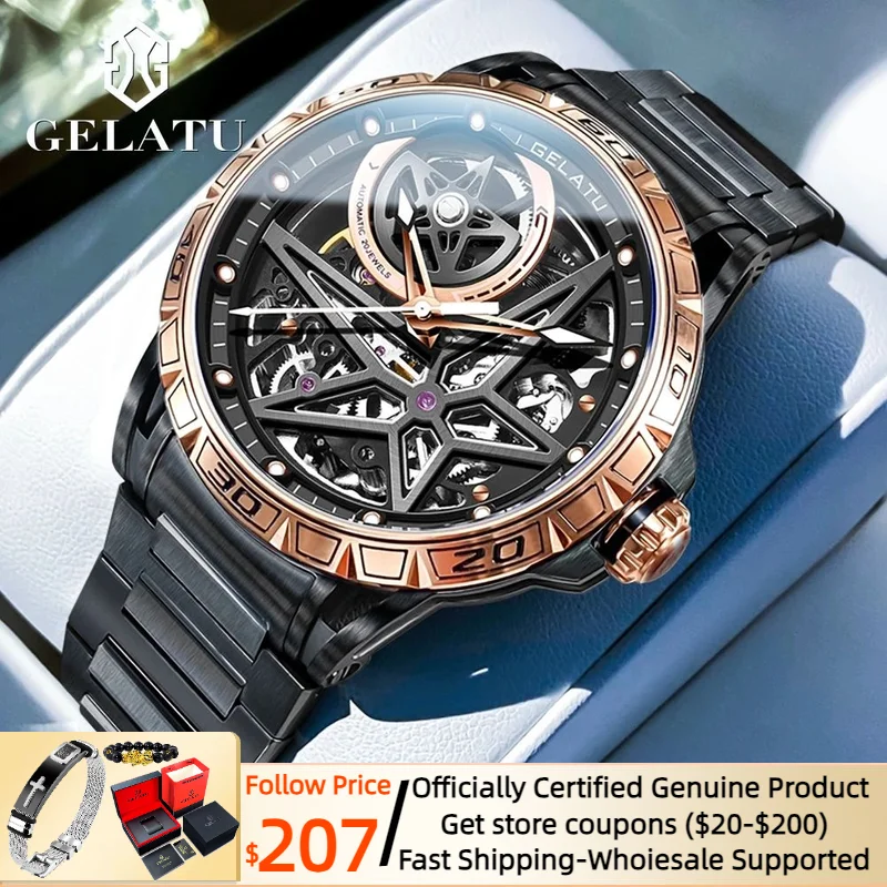 GELATU High Quality Men\'s Watches Hollow out Automatic Mechanical Male Watch 47.5mm Big Dial Original Relogios Masculino