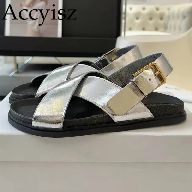 

Summer New Genuine Leather Thick Sole Back Strap Sandals Women's Solid Color Hollow Simple Sandals Daily Casual Commuter Shoes