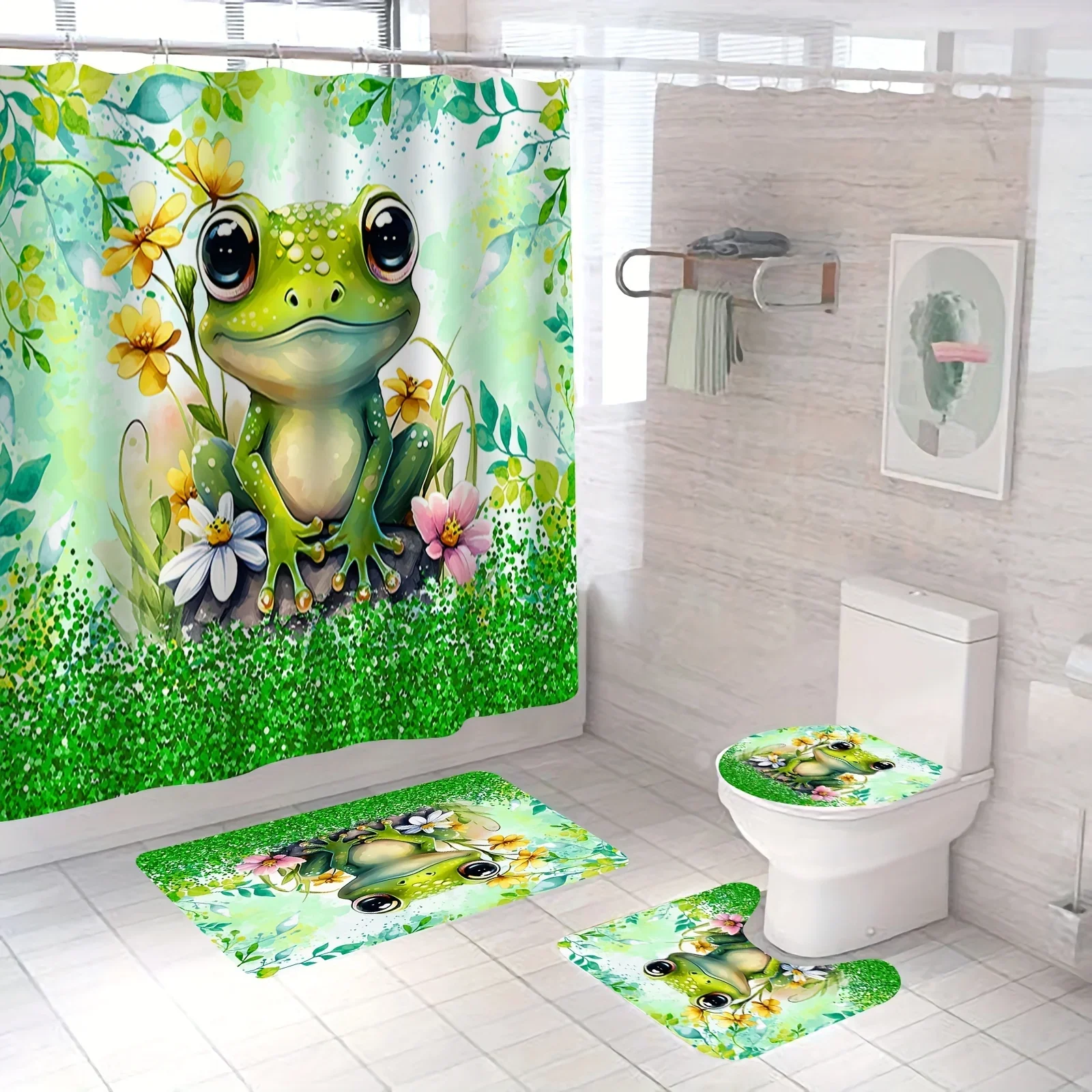 

4PCS Charming Frog in Enchanted Garden Bathroom Set - Waterproof Shower Curtain, Toilet Lid Cover, Bath Mat, and Contour Mat